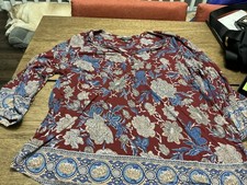 LUCKY BRAND Tunic Blouse Red Multicolor Floral Viscose 3/4 Sleeve V-neck Top-1X