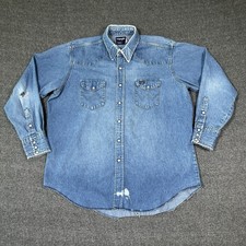 Vtg Wrangler Big Mans Western Pearl Snap Denim Shirt XL 18x35 USA Distressed Y2K