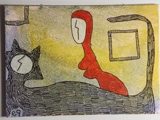 e9Art ACEO woman and cat outsider art brut naive