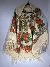 Vintage Russian Wool Shawl/Pavlovo Posad Floral Scarf Fringe/Large Square Headsc