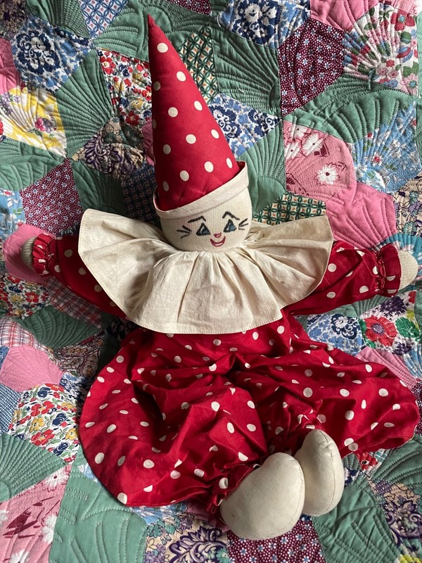 Vintage(1930s/1940s)hand crafted polka dot cloth clown doll-20"