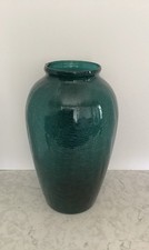 Teal Art Glass Crackle Glass Vase 14.5 Tall
