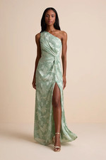 Lulus Renni Sage Green Floral Jacquard One-Shoulder Maxi Dress