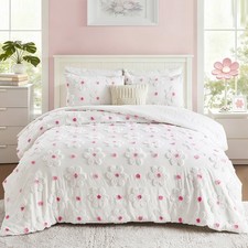 CotComf Queen Size Comforter Set Girls Pink Tufted Daisies Flowers Bedding Set