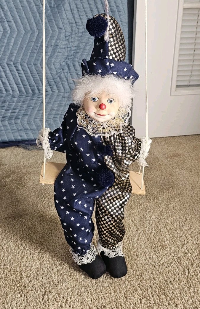 Vintage Circus Clown Doll Porcelain Head String Marionette Puppet on Swing