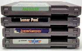 Nintendo NES Game Bundle 4-Lot Rad Racer, Iron Sword, Top Gun, Lunar Pool TESTED