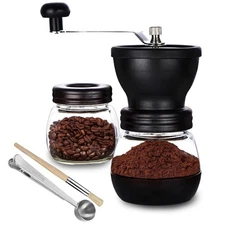 Manual coffee bean grinder with 2 glass jars, suitable for drip coffee, espresso