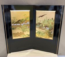 Paravent traditionnel japonais BYOBU laqué noir feuille d'or peinte h23,6"...