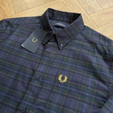 Camicia nuova con etichette Fred Perry manica lunga tartan tonale check blu navy uomo taglia large