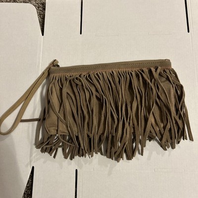American Eagle Purse Small AEO Wristlet Boho Fringe Suede On Canvas Light Brown