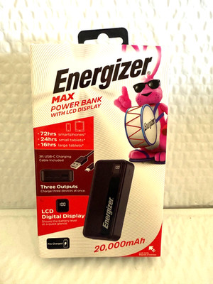 Energizer - MAX 20,000mAh 15W USB-C 3-Port Portable Charger  w/ LCD Screen-Black