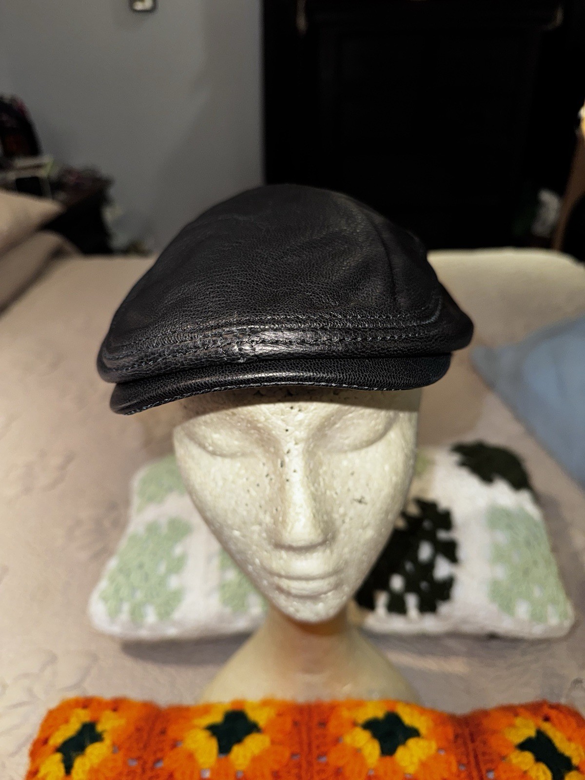 Lethmik Black Leather Cabbie Cap Black XXLarge