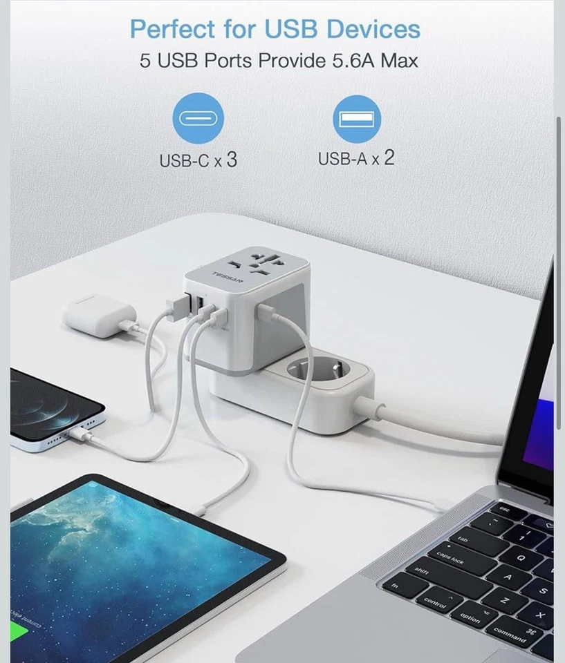 Adaptador de Viaje Universal TESSAN, Adaptador de Corriente Internacional 5.6A 3 USB C 2 USB Foto 3 de 4