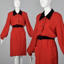 L 1980s Valentino Boutique Long Sleeve Red Dress Button Front Pockets 80s VTG