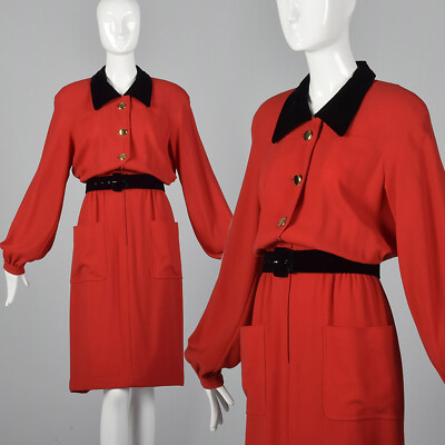 L 1980s Valentino Boutique Sleeve Red Dress Button Front Pockets VTG eBay