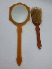VTG Art Deco Vanity Mirror  Hair Brush Set Golden Pearl Finish Lucite Celluloid