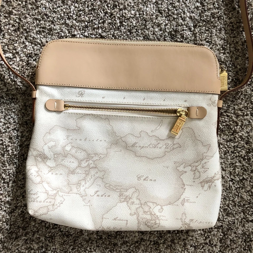 Bolso Bandolera Alviero Martini Prima 1a Classe Blanco Mapa Cuero Cartera Foto 2 de 4