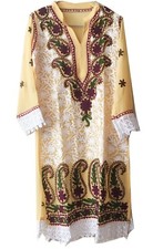 Long Kurti Paisley Embroidery Georgette Light Yellow Ethnic Tunic Kurta L-40"