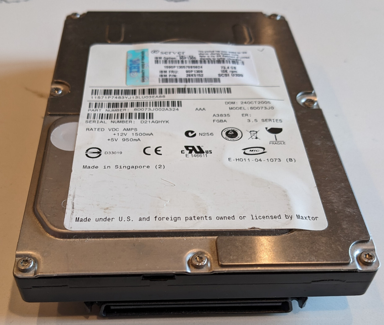Disque Dur Interne IBM 73.4GB SCSI U320 10K - Modèle 90P1309 - Occasion