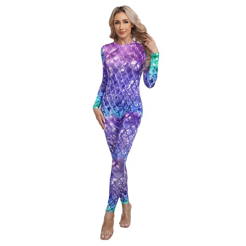 Women Mermaid Cosplay Costume Jumpsuit Fish Scale Print Bodysuit Catsuit AU - Picture 23 of 93