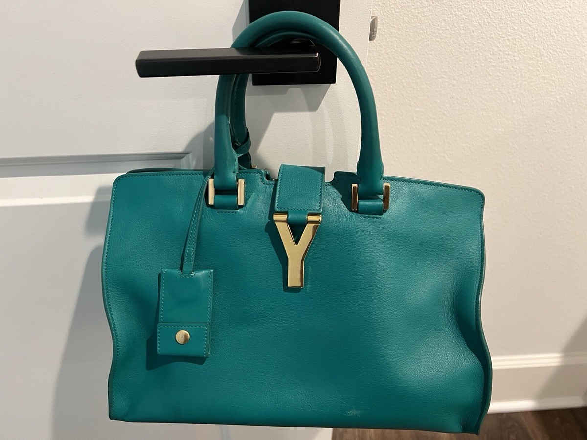 YSL Saint Laurent Classic Y Line Green Leather Two Way Bag Size 