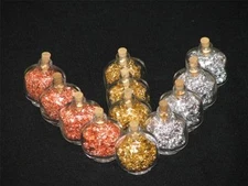 Gold,Silver,Copper Leaf Flakes in 12 Oval Glass Bottles with Cork 3 1/2 ML