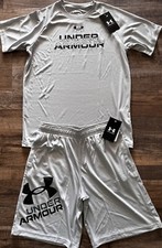 NWT Under Armour YLG Light Gray/Black BIG LOGO Shorts Set Large