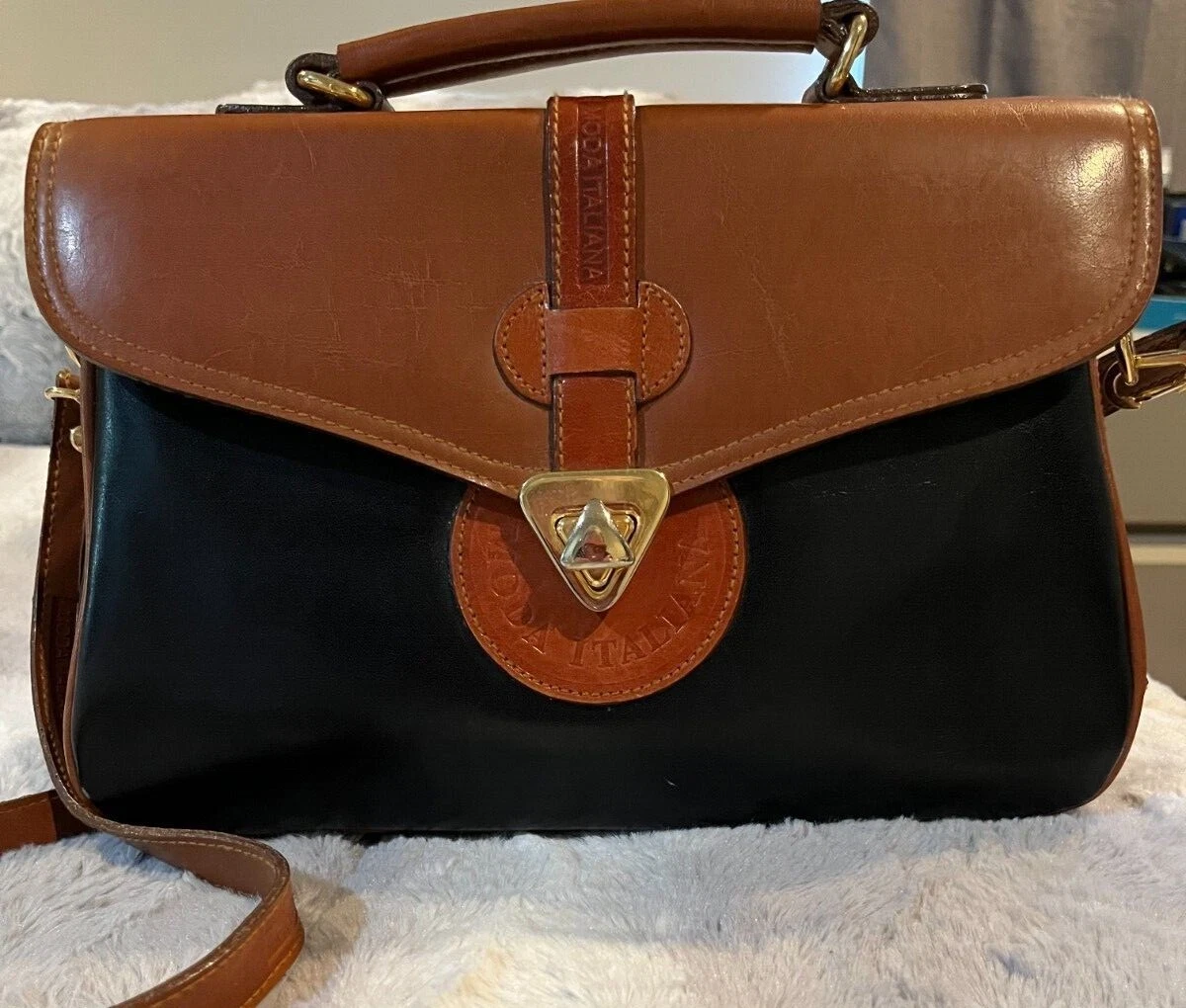 Moda Italiana Designer Leather Handbag Crossbody Shoulder Bag, Black  &Brown NEW