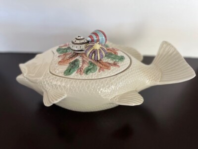 Vintage 1996 Fitz And Floyd Ominbus Fish Market Oceana Covered bowl 14'' X 8.5''