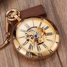 Copper Automatic Mechanical Men's Pocket Watch Fob Chain Double Roman Numbers NR