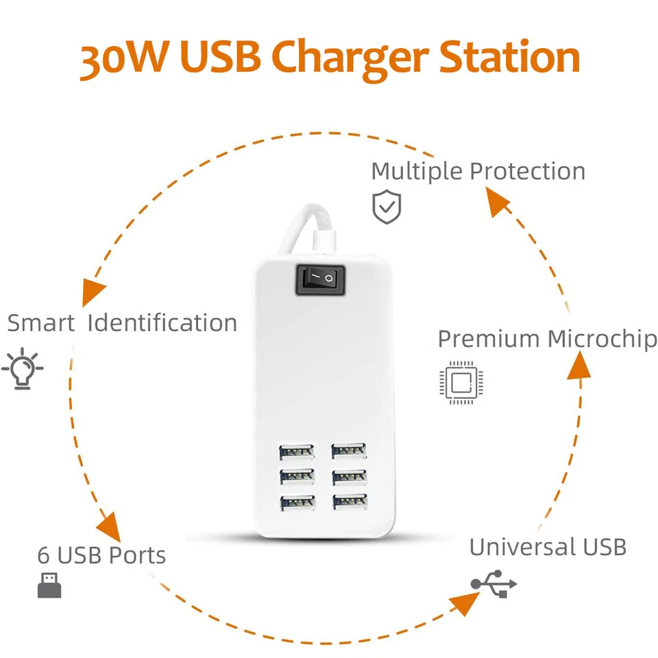 Multi 6 Port USB Hub Wall Charger Station Fast Charging Desktop AC Power Adapter - Image 2 of 4