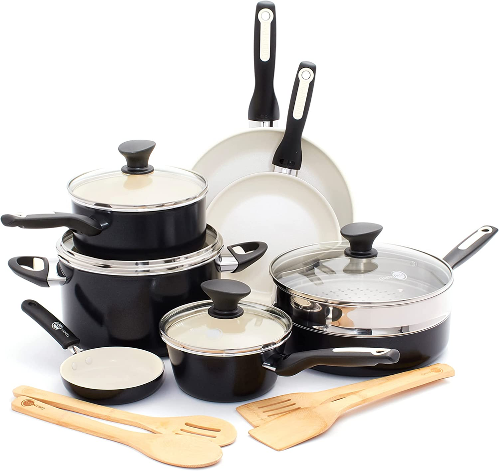 Rio 16 Piece Cookware Pots and Pans Set, Hard Anodized Healthy Ceramic Nonstick