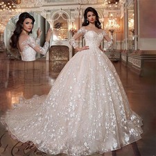 Princess Ball Wedding Dresses  A-line Lace Applique Lace Up Beaded  Bridal Gowns