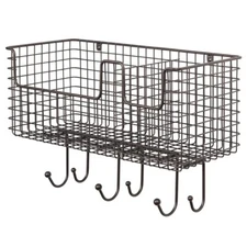 mDesign Metal Storage Organizer Basket with 6 Hooks *Wall Mount* Bronze*Free S/H