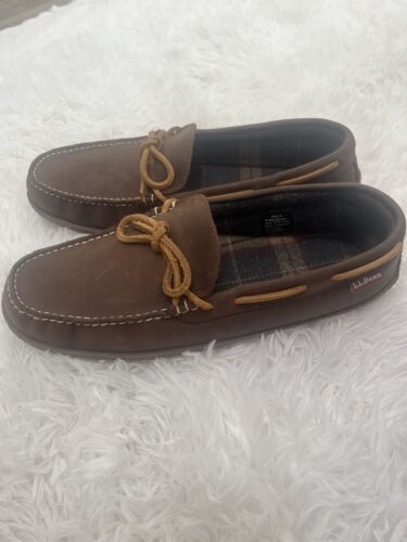 LL Bean Handsewn 212164 Leather Flannel Lined Moccasin Slippers Brown Men 9M $59 - Afbeelding 1 van 11
