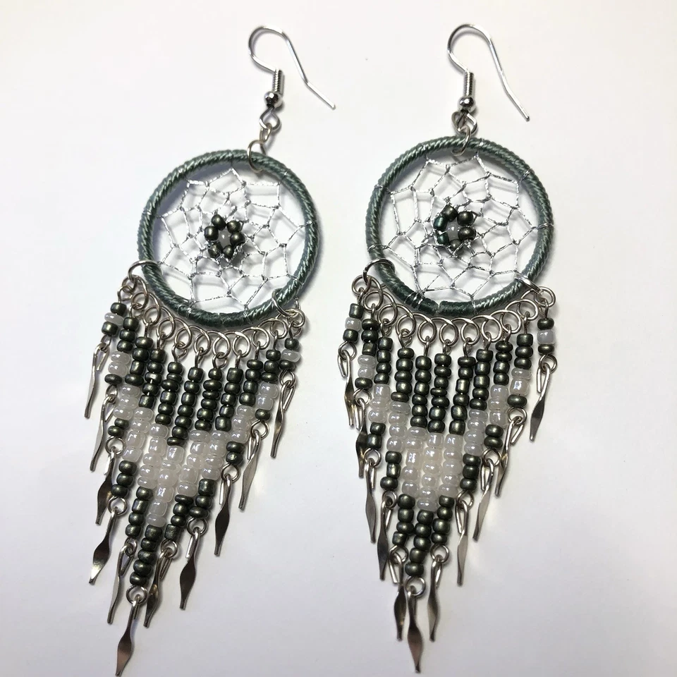 Brincos pendurados com miçangas de sementes longas apanhador de sonhos nativos joias artísticas feitas à mão - Imagem 4 de 4