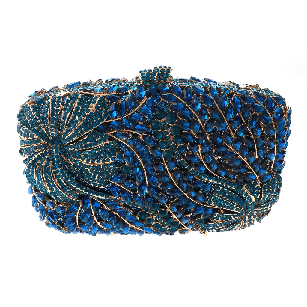 Gold Tone Metal Rhinestone Crystal Clutch Evening Bag HB6137-BLU