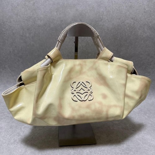 LOEWE Nappa Aire Vintage Anagram Hand Bag Tote Beige Patent Leather Women