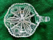 American Brilliant Period Cut Glass Nappy Dish Looped Handle Hobstar Sawtooth