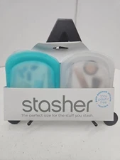 Stasher Silicone Pocket Food Grade Reusable Storage Bags Clear + Aqua 2 pack NEW