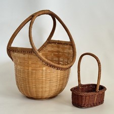 2 Vintage Wicker Basket Lot Large Gathering Basket & Mini Handled Basket Boho