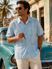 Vintage Guayabera Shirt Size L 70s Genuine Haband Guayabera Blue White EXCELLENT