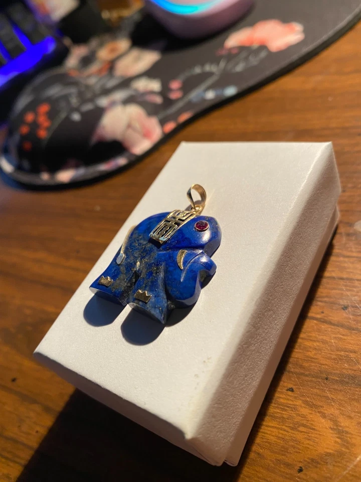 Colgante Elefante De Colección Lapislázuli Natural Oro 14K Ojo Rubí Buena Suerte Foto 3 de 4