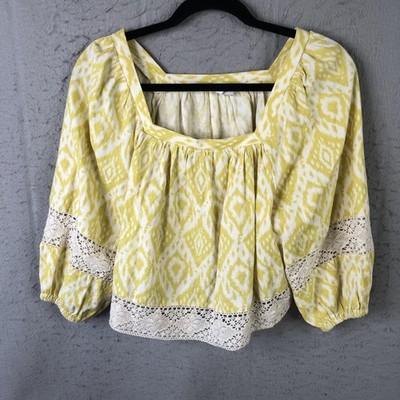 Calligraphie Blouse Womens S Yellow Ikat Square Neck Crochet Boho Peasant Top