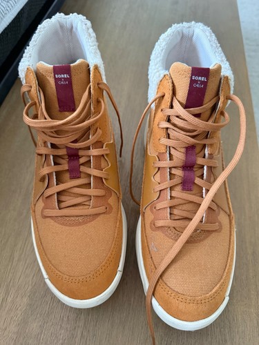 SOREL x CALIA Out N About Mid Boots Women 8 Tan Faux Fur Lace Up Wedge LL6074-70