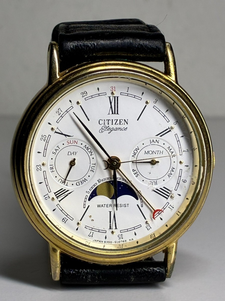 Vintage Citizen Elegance 6350-G30241K Triple Calendar Moon Phase Day Date  Watch