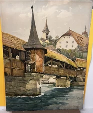 Vintage Watercolor Lithograph Nicholas Markovitch Lucerne Chaff Bridge 1925