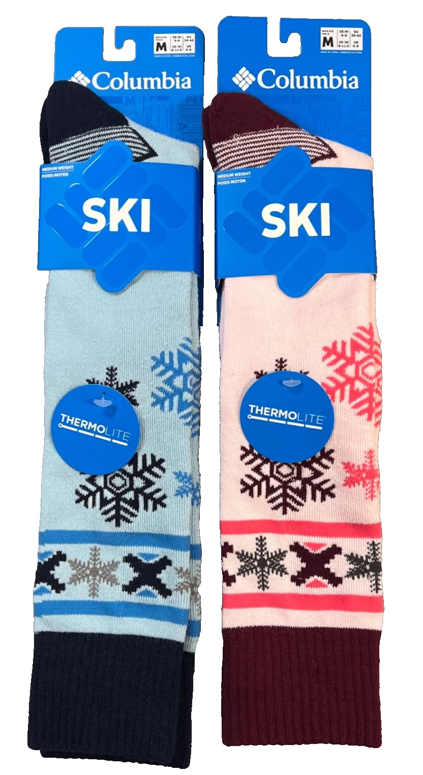 2 Pair Columbia Womens Mens Medium Weight Thermolite Snowflake Ski Socks MED