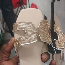 Accent Women's Slip On Flat Sandals Gold Rhinestone Straps Solid Comfort Size 7