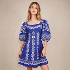 NWOT Farm Rio Blue Tropical Cross Stitch Pattern Premium Linen Mini Dress Sz XL